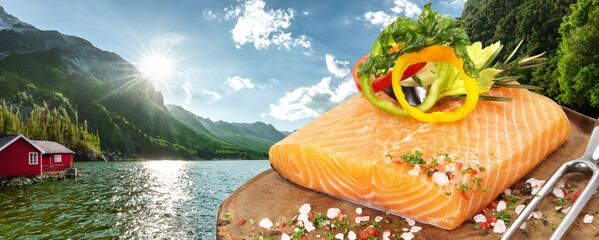 Scandinavian Fjord with raw Salmon Fish Fillet - Panorama - obrazy, fototapety, plakaty