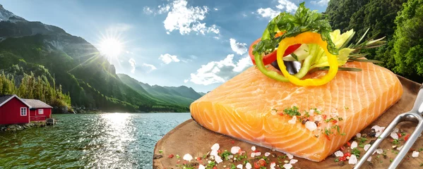 Foto op Canvas Scandinavian Fjord with raw Salmon Fish Fillet - Panorama © ExQuisine