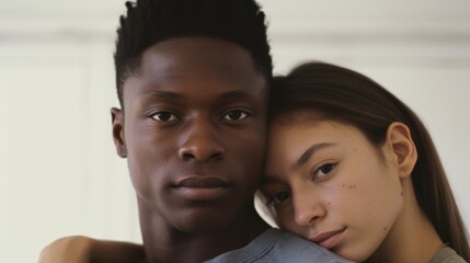 Man and woman in a warm embrace indoors.