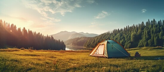 Forest camp with tourist tent amidst meadow Copy space image Place for adding text or design - obrazy, fototapety, plakaty