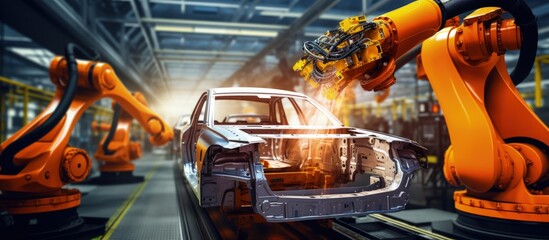 Futuristic factory uses advanced technology to automate production of smart EV cars with AR controlled robots Copy space image Place for adding text or design