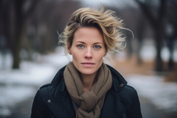 Portrait of a young woman in a winter park. Shallow depth of field.