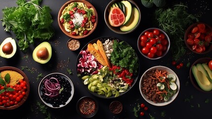 Assortment of healthy food dishes. Top view. Free space for your text.