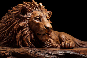 A lion sculpture is made of wood. Mahogany wood.