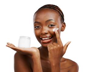 Happy black woman, portrait and face cream for skincare, beauty isolated on a transparent PNG background. African female person or model smile with lotion, product or moisturizer for SPF or soft skin