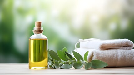 Spa concept background. Close up organic green fresh herbs with towel and bottle on a table. - obrazy, fototapety, plakaty