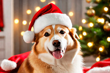 Domestic cute dog on a New Year's backgrounds with gifts. Winter holidays celebration.