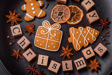 Beautiful Christmas composition with copy space with an inscription in wooden cubes