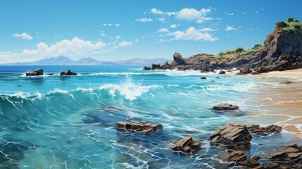 A painting of a beach with rocks and water. - obrazy, fototapety, plakaty