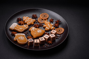 Beautiful Christmas composition with copy space with an inscription in wooden cubes