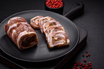 Delicious meatloaf with lard, salt, spices and herbs cut into slices