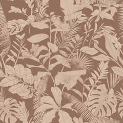 Seamless pattern background with Solomon's seal (Polygonatum multiflorum), palms, monstera leaf drawing illustration. Exotic tropical line illustration. - 686072721