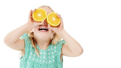 Happy girl, lemon and eyes for vitamin C, diet or natural nutrition isolated on a transparent PNG background. Young female person, little child or kid smile with organic yellow or round citrus fruit