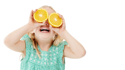 Happy girl, lemon and eyes for vitamin C, diet or natural nutrition isolated on a transparent PNG background. Young female person, little child or kid smile with organic yellow or round citrus fruit