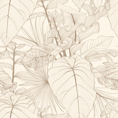 Seamless pattern background with Solomon's seal (Polygonatum multiflorum), palms, monstera leaf drawing illustration. Exotic tropical line illustration. - 686072768