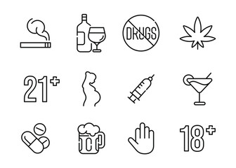 Smoke, drugs, alcohol icon set isolated on white background