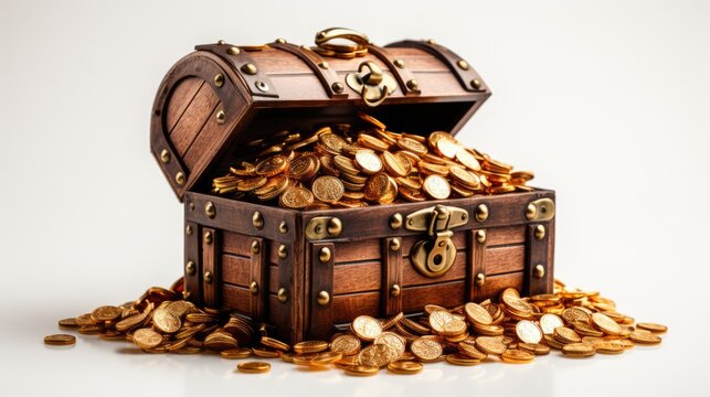 A wooden chest filled with lots of gold coins.