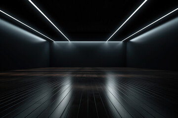 Dark empty room with wooden floor and lighting on the ceiling. Generated by artificial intelligence