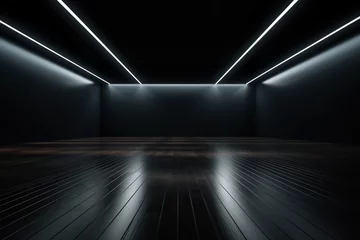 Poster Dark empty room with wooden floor and lighting on the ceiling. Generated by artificial intelligence © Vovmar