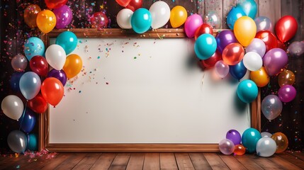 Colorful carnival or party frame of balloons, streamers and confetti on rustic wooden board