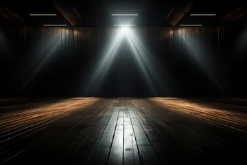 Fotobehang An empty room for a performance in the rays of spotlights and wooden floor. Generated by artificial intelligence © Vovmar