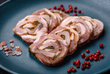 Delicious meatloaf with lard, salt, spices and herbs cut into slices