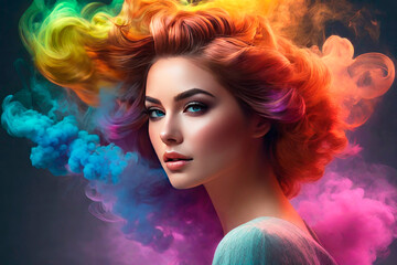Obraz na płótnie Canvas Colorful image of charming woman among colored smoke, magical and otherworldly ambiance.