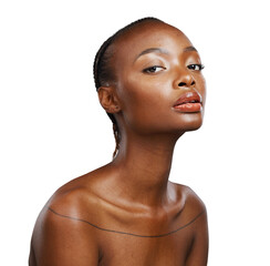 African woman, beauty and portrait with skincare, facial glow and isolated by transparent png background. Girl, model or person with natural aesthetic, cosmetic or change for face with transformation - obrazy, fototapety, plakaty