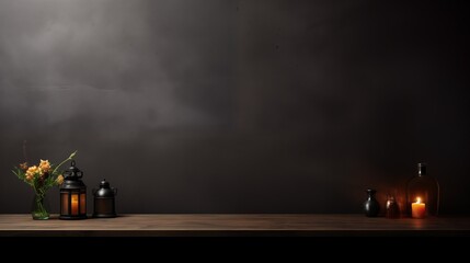 dark background wall with empty table, for montage of product