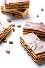 Gerbeaud Cake. Zserbo. Traditional Hungarian multi-layer cake with plum jam, nuts and covered with chocolate glaze