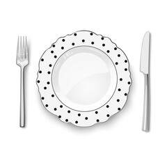 Empty vector white dish with figured edges and black polka dot pattern on white background and knife and fork isolated. Close up view from above.