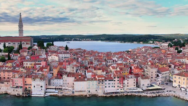 Summer day aerial drone panorama of old town Rovinj, famous ancient Croatian city at the sea. Istria, Croatia.