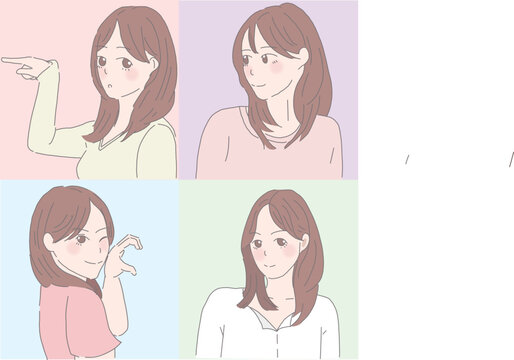  four pictures that show a woman's expressions, in the style of salon kei, pastel color scheme, the pictures generation, simple, 8k, spontaneous gesture, princesscore