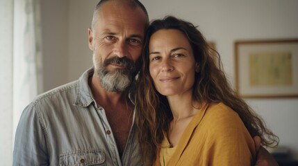 Fototapeta premium At their European residence, a couple shares a moment of companionship.