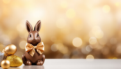 Fototapeta na wymiar Chocolate bunny on the background of blurred lights, easter concept