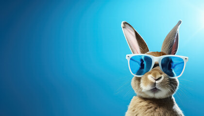 Hare in sunglasses on blue background, easter concept