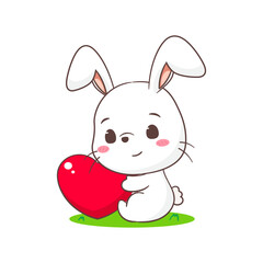 Obraz na płótnie Canvas Cute rabbit cartoon holding love heart. Adorable bunny character. Kawaii animal concept design. isolated white background. Mascot logo icon vector illustration