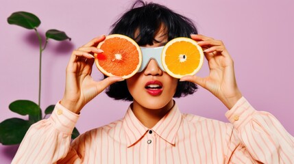 A stylish Asian beauty exudes confidence with her diverse hairstyles, flawless makeup, and trendy wardrobe pretend to wear orange slices like eyeglasses against a light beige pink studio setting.