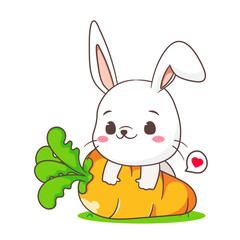 Cute rabbit cartoon with carrot. Adorable bunny character. Kawaii animal concept design. isolated white background. Mascot logo icon vector illustration