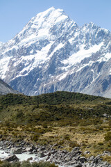 Fototapeta na wymiar Landscape of a snowy mountain and a mountain river. Aoraki, Mount Cook National Park on New Zealand
