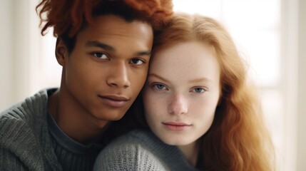 Bonding in love, a diverse couple expresses affection in their home.