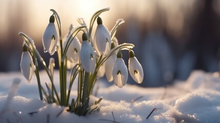 A group of snowdrops in the snow.