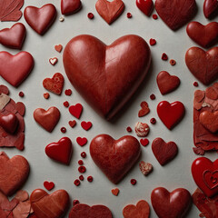 Obraz premium Collage of red hearts, crafted in various textures, evoking the essence of St. Valentine's concept. St. Valentine's hearts background series.