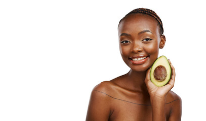 Portrait, skincare and black woman with avocado, cosmetics or antioxidants on isolated, transparent...