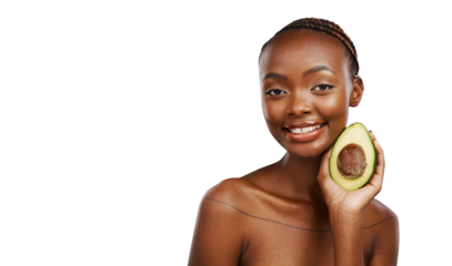 Portrait, skincare and black woman with avocado, cosmetics or antioxidants on isolated, transparent or png background. Face, beauty or model with natural wellness, omega 3 or DIY dermatology facial