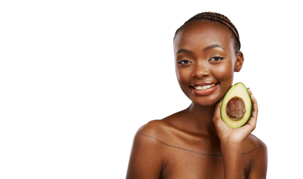 Portrait, skincare and black woman with avocado, cosmetics or antioxidants on isolated, transparent or png background. Face, beauty or model with natural wellness, omega 3 or DIY dermatology facial