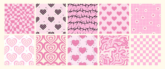 Set of y2k seamless vector patterns with hearts, thorns, flowers, checkered and psychedelic shapes. Glamour backgrounds for card, poster, banner design. Girly templates. Trendy covers in pastel colors