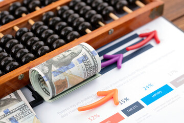 Financial trend arrows indicate direction