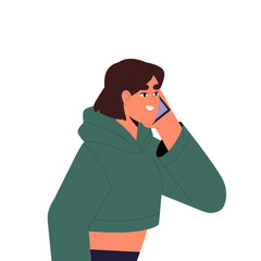 Young woman chats using smartphone. Girl casual urban outfit talk by mobile phone on the go. Person communicate by call. Modern communication. Flat isolated vector illustration on white background