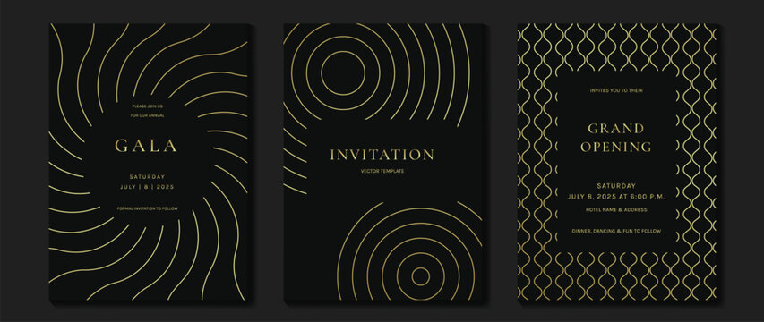 Naklejki Luxury invitation card background vector. Elegant classic antique design, gold lines gradient on dark background. Premium design illustration for gala card, grand opening, art deco.